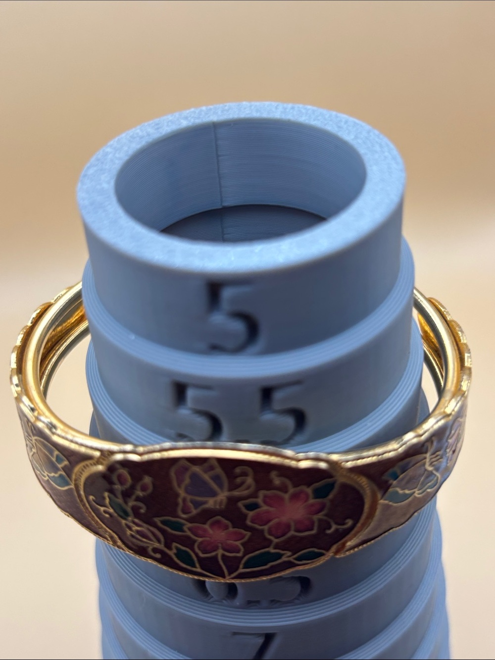 Gold-Tone Floral Cloisonné Hinged Bracelet in Brown Pink and Green - Picture 5 of 17